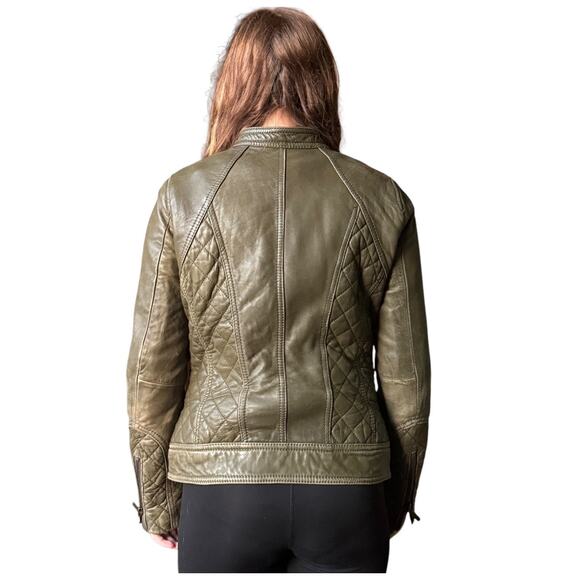 Michael Kors Green Leather Biker Moto Jacket quilted pattern size Small - Picture 5 of 16